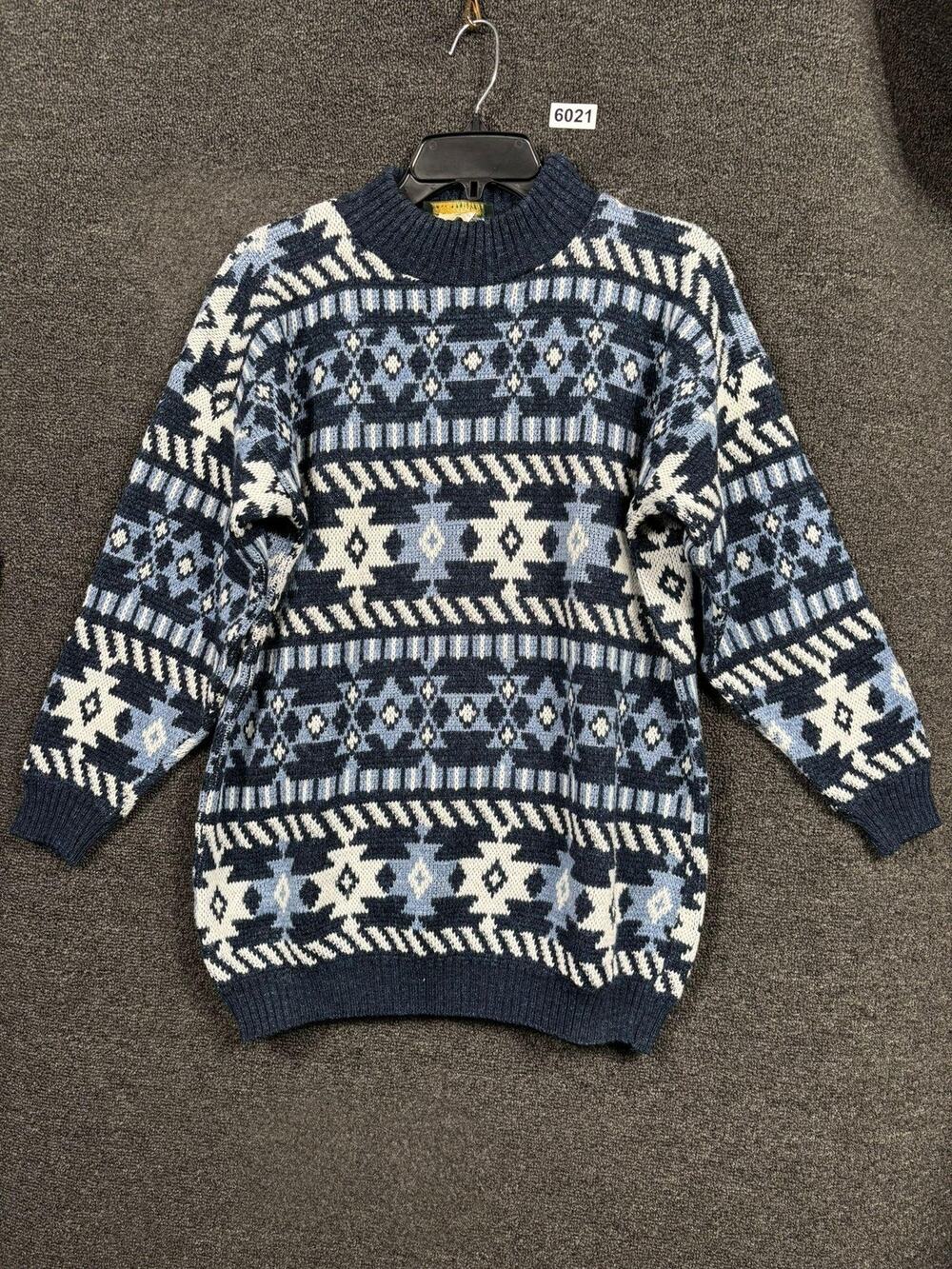 Vintage Dana Scott Sweater Mens Large Navy Aztec Geometric Knit Made USA 90s